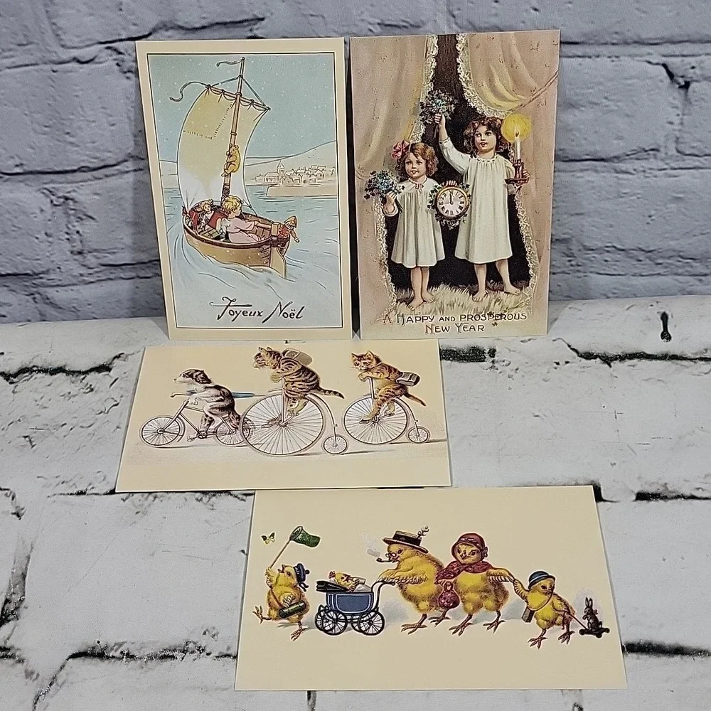 Reproduction Of Antique Postcards Lot Of 4 Anthropomorphic Christmas New Years